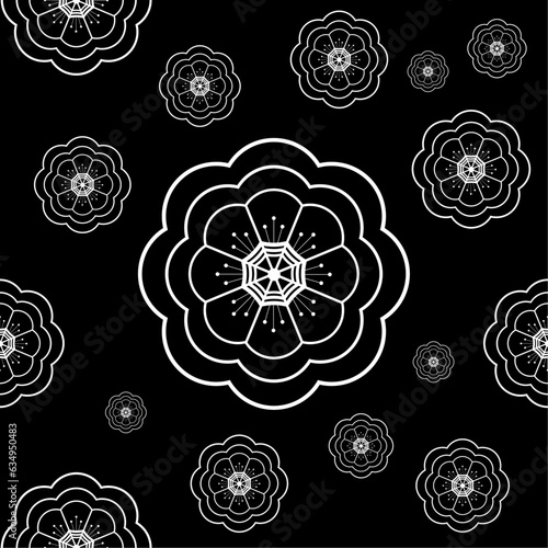 black and white seamless pattern of folk style flowers