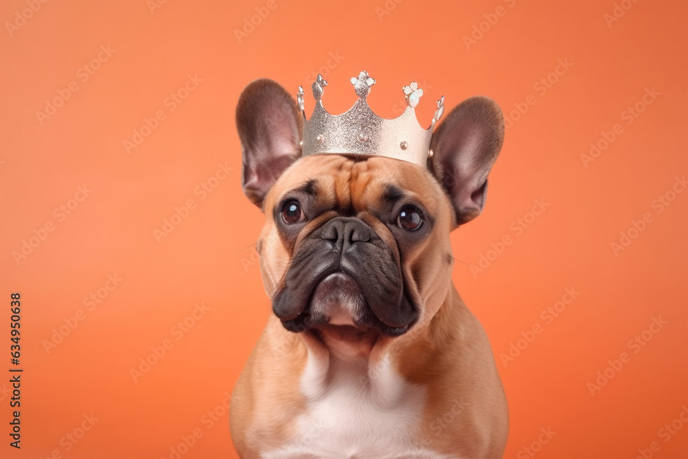 French Bulldog dog with crown on head on orange background