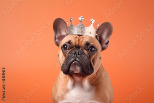 French Bulldog dog with crown on head on orange background © Firn