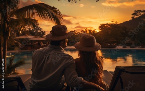 Young couple enjoy the sunset review. Generative AI