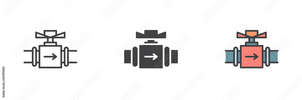 Water pipe with valve different style icon set Water pipe with valve different style icon set