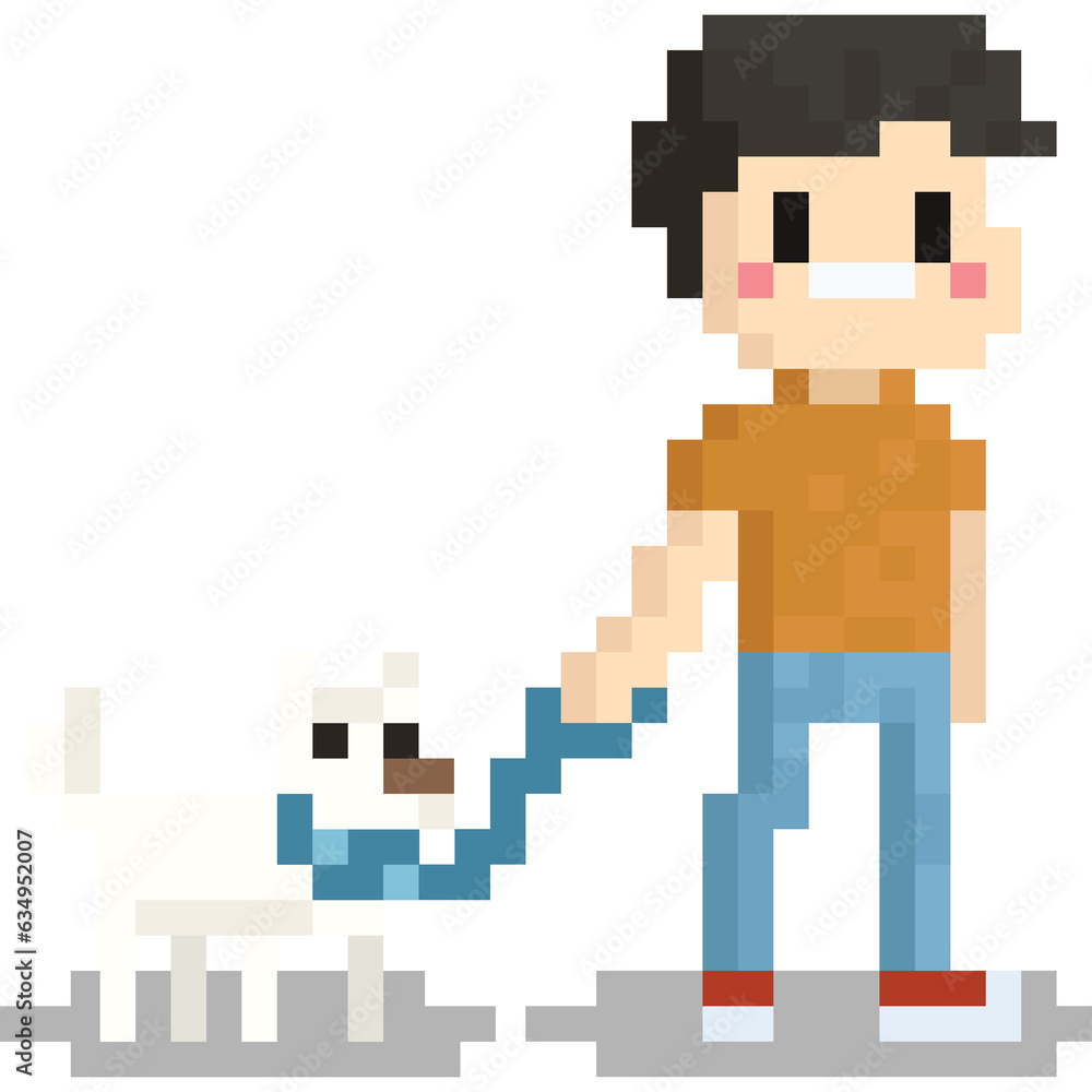Pixel art man walking with dog character Pixel art man walking with dog character