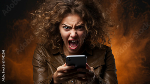 An enraged woman, clutching a cell phone in her hand, is captured in this image. Her face contorted with anger, she bellows into the phone, her emotions palpable, and her actions symbolize the frustra