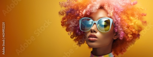 A radiant GenZ Afro woman rocks vibrant pink ringlet hair and stylish sunglasses, contrasting brilliantly against a bright yellow backdrop