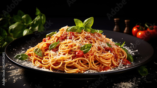 Tasty and appetizing Italian classic spaghetti with tomato sauce and parmesan cheese on plate on dark table.
