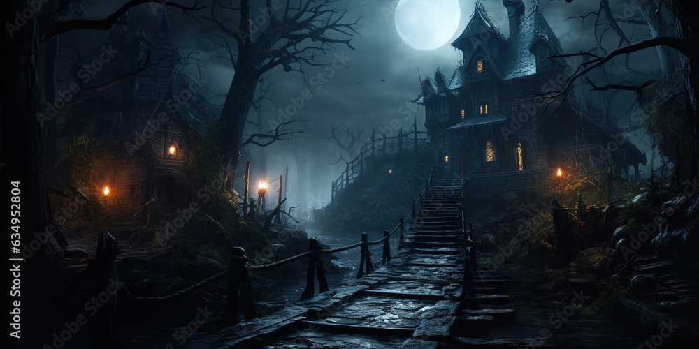 Spooky house at the end of a path, haunted house in forest, house in trees, Halloween background, bridge to house, dark and scary