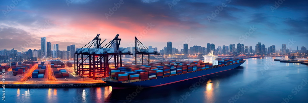 Fototapeta premium container ship entering a major port at dusk, with the city skyline in the background, symbolizing the urban integration of trade hubs.