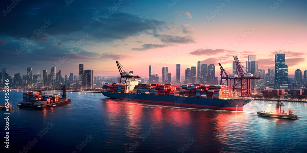 Naklejka premium container ship entering a major port at dusk, with the city skyline in the background, symbolizing the urban integration of trade hubs.