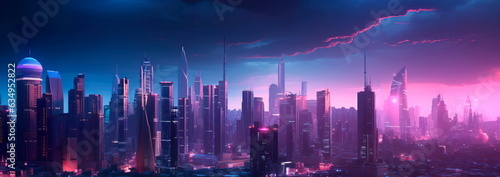 futuristic cityscape with a gradient background , cyberpunk aesthetic.