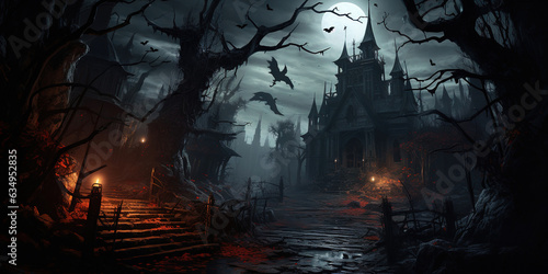Spooky house at the end of a path, haunted house in forest, house in trees, Halloween background, bridge to house, dark and scary