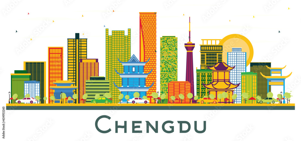 Obraz premium Chengdu China city Skyline with Color Buildings isolated on white.