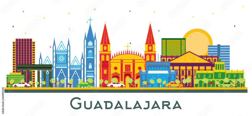 Obraz premium Guadalajara Mexico city Skyline with Color Buildings isolated on white.