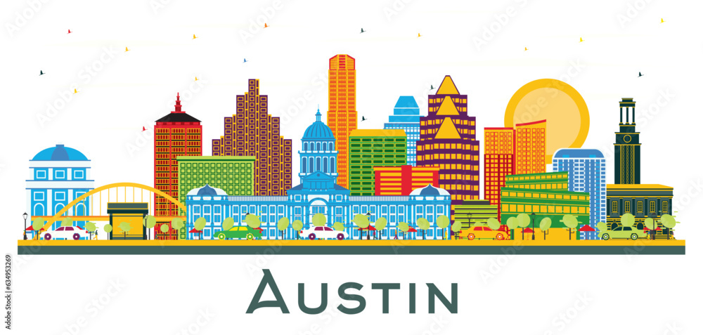 Austin Texas city Skyline with Color Buildings isolated on white.