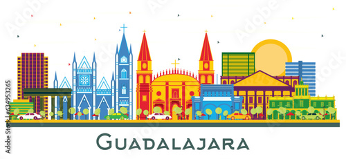 Guadalajara Mexico city Skyline with Color Buildings isolated on white.