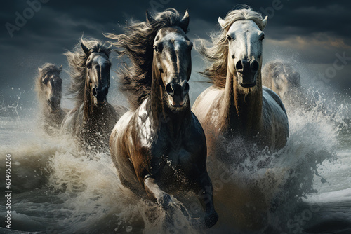 Herd of horses galloping across the river. Running through the water - Frontal View