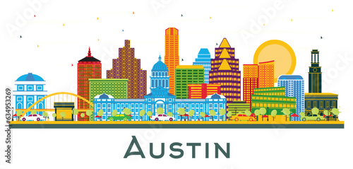 Austin Texas city Skyline with Color Buildings isolated on white.