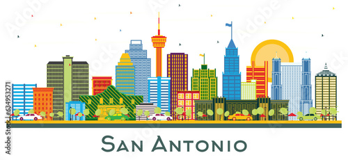 San Antonio Texas city Skyline with Color Buildings isolated on white.