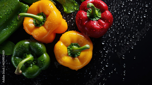 Green  red and yellow peppers flying on dark background with splash of water