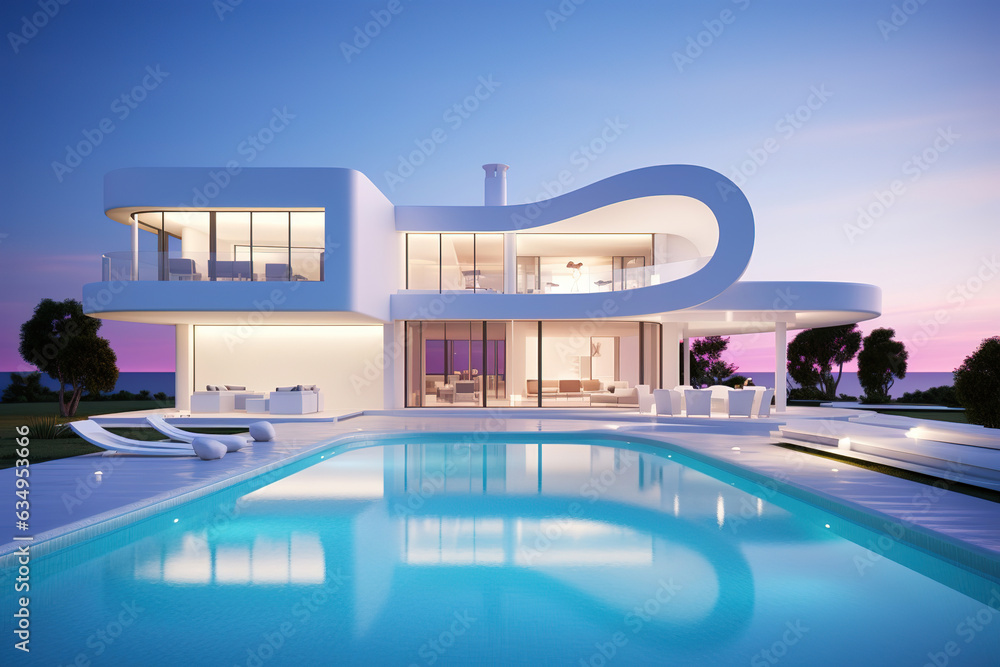 Exterior of modern minimalist white villa with swimming pool and blue sky