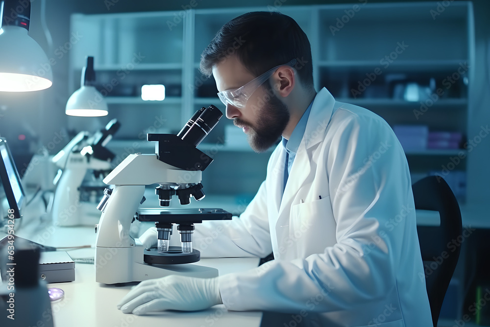 The scientist researcher in laboratory. using microscope, smile, working, professional person The scientist researcher in laboratory. using microscope, smile, working, professional person