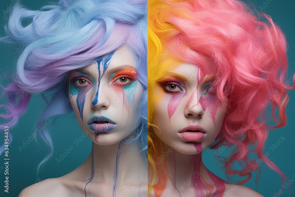  Striking portrait of two young girls, showcasing their vivid hair colors and bold makeup, in an asymmetric composition reflecting the dynamic spirit of Gen Z