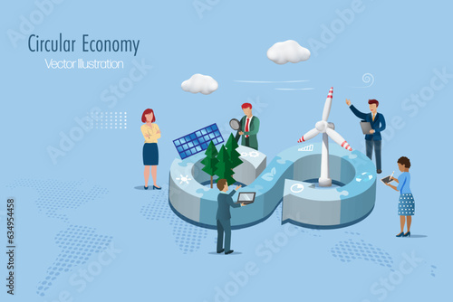 Circular economy symbol in jigsaw with wind turbines, solar panel and businessman team. Sustainable environment strategy of eliminate waste and pollution, renewable and reuse for global business goal.
