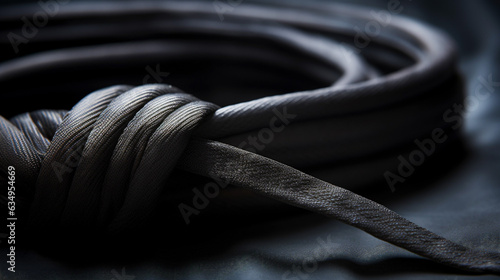Close-up of karate black belt tied in knot, symbolizing discipline and dedication. Minimalist and symbolic composition.Banner. Generative Ai content. photo