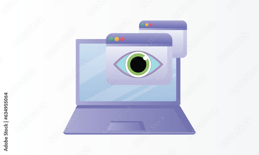 Fototapeta premium Laptop and eye icon. Internet surveillance, spyware, computer is watching you concepts.on white background.Vector Design Illustration.
