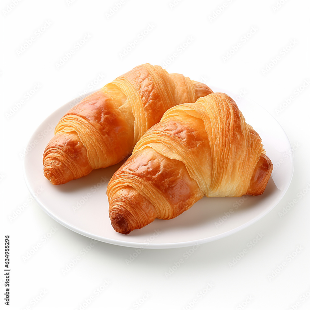 Croissant bread in a white plate on a white background.