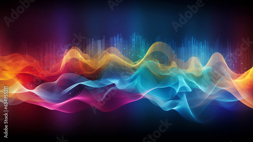 Rainbow-coloured equalizer frequency wave illuminated on black background. Flowing waves and bursts of energy.