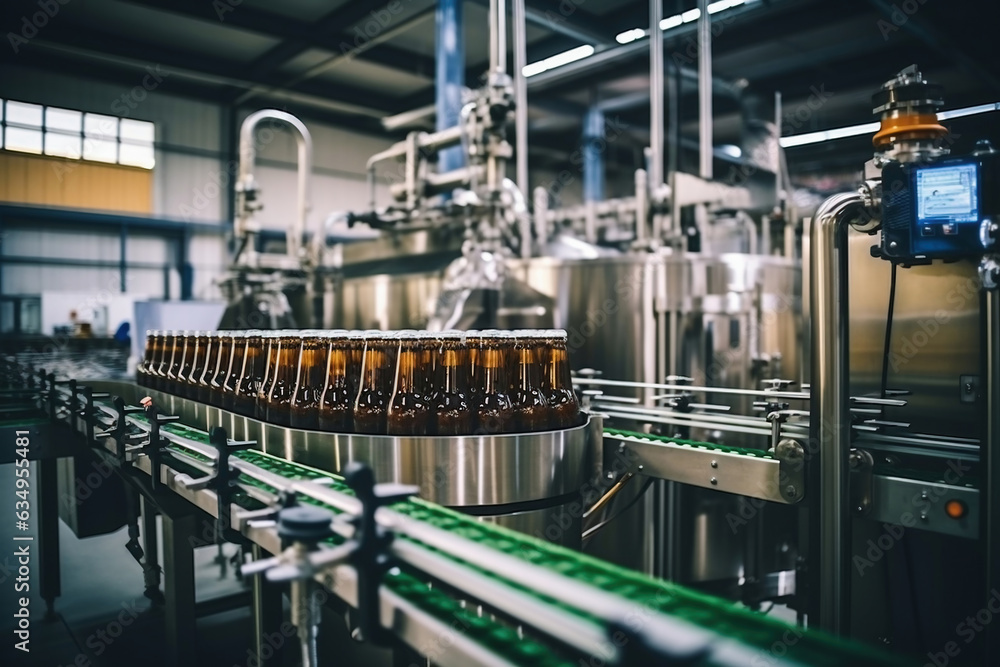 Factory for the production of beer. Brewery conveyor with glass beer drink alcohol bottles, modern production line. Blurred background. Modern production for bottling drinks. Selective focus. Factory for the production of beer. Brewery conveyor with glass beer drink alcohol bottles, modern production line. Blurred background. Modern production for bottling drinks. Selective focus.