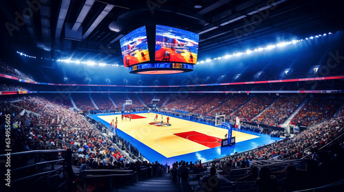 Arena of main basketball stadium at the 2023 filled with spectators. Basketball World Cup. Banner. Generative Ai content. © Nataliia