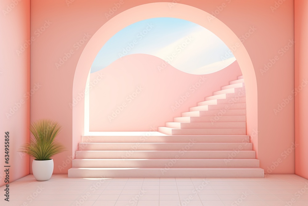 Trendy geometric stairs and podium in pastel interior. Concept of sleek modern architecture. Trendy geometric stairs and podium in pastel interior. Concept of sleek modern architecture.
