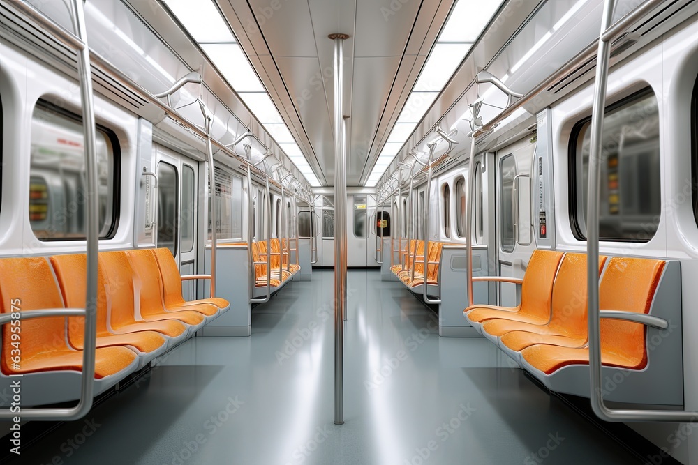 Spacious subway interior, revealing detailed cross-section of modern metro. Concept of urban transportation and technology.
