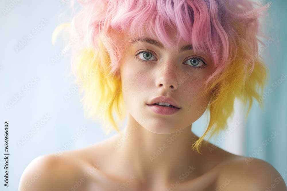 A young, trendy Gen Z woman with vibrant colored hair gazes intently into the camera. Her surroundings and aura echo in light pink and yellow hues, adding a playful and vivacious feel to the image
