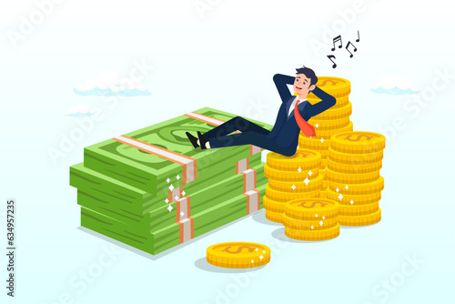 Rich happy businessman lay down singing on pile of money coins and banknotes, rich man with his wealth, success businessman earn investment profit, FIRE, financial independence retire early (Vector)