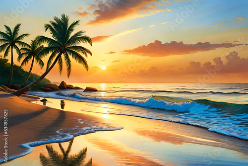 Bright orange sunset view under palm tree branch silhouette. Sand beach seascape. Generative AI