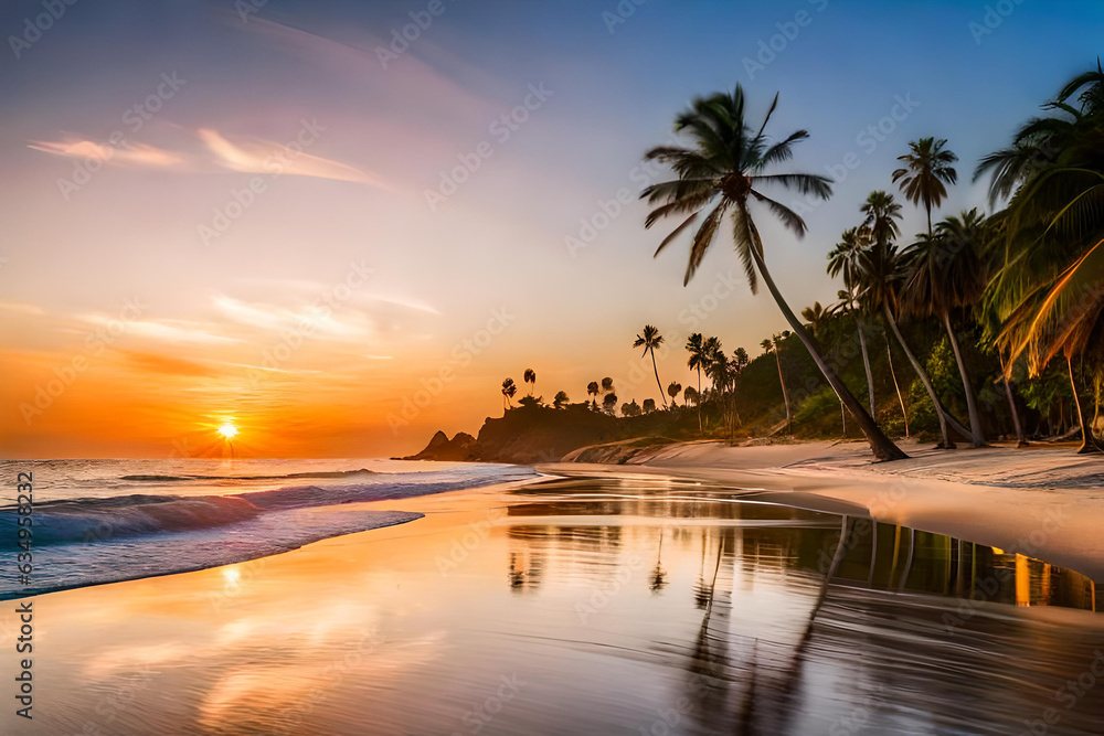 Bright orange sunset view under palm tree branch silhouette. Sand beach seascape. Generative AI