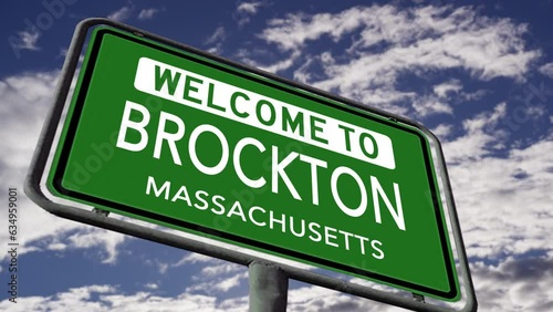 Welcome to Brockton, Massachusetts. USA City Road Sign Close Up, Realistic 3d Animation photo