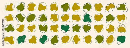 Vector abstract blob shapes set. Irregular green organic elements. Amoeba splotches. Liquid uneven spots. Asymmetric fluid splodge form spots. Amorphous blob silhouettes collection. Flat stain splot