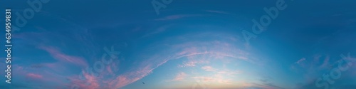 Sunset sky panorama with bright glowing pink Cirrus clouds. Seamless hdr 360 panorama in spherical equirectangular format. Full zenith for 3D visualization, sky replacement for aerial drone panoramas.
