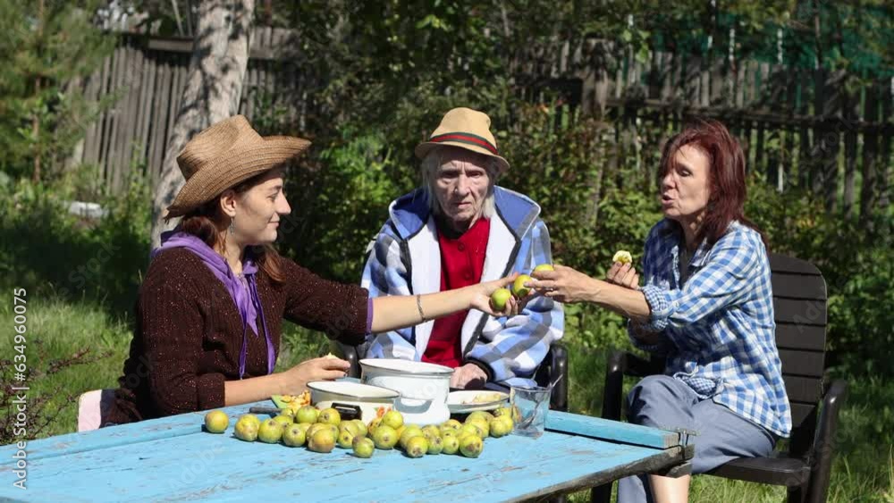 The family is resting in nature. Women gardeners of three generations are resting in the garden. They peel pears for jam. The family is resting in nature. Women gardeners of three generations are resting in the garden. They peel pears for jam.