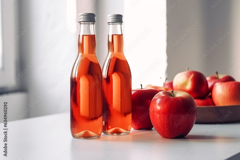 Bottled apple cider vinegar or cider. Apple drink, crop processing, fermentation Bottled apple cider vinegar or cider. Apple drink, crop processing, fermentation