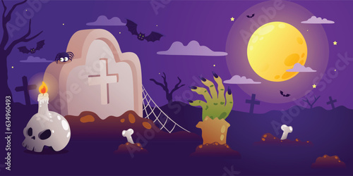 Cemetery at Night, A Spooky Halloween Illustration of a Haunted Graveyard, Vector, Illustration