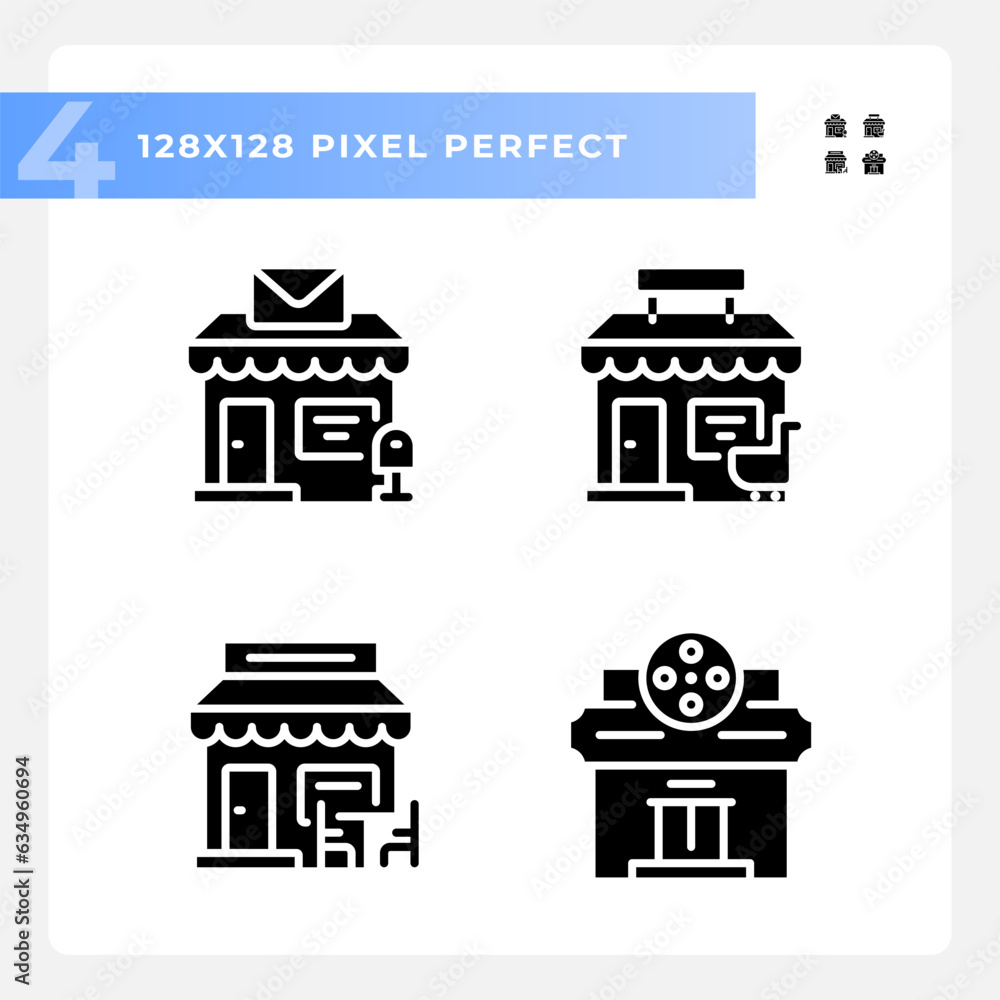 2D pixel perfect glyph style icons set representing various architecture, silhouette illustration.