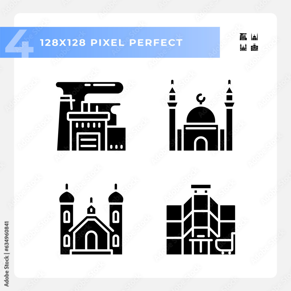 Pixel perfect glyph style icons set representing various buildings, silhouette illustration. Pixel perfect glyph style icons set representing various buildings, silhouette illustration.