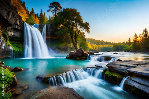 Large wide cascading waterfall in the forest, water flows down the mountainside Fototapet
