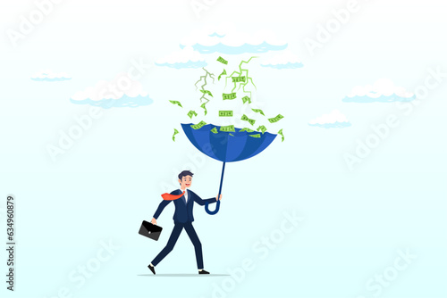 Rich businessman using umbrella to collect falling money from investment thunderstorm, make money idea, passive income or profit and dividends from stock market investment, financial success (Vector)