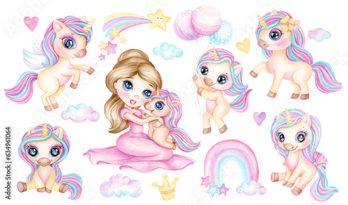 Cute little princess and baby unicorn watercolor clipart. Set of Hand drawn illustration fairytale beautiful girl and magic pony in cartoon style for childrens birthday card and baby shower invitation