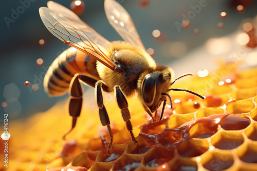 Bee on the honeycomb of the hive, creative illustration generated by Ai
